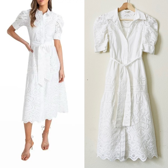 Shoshanna SIZE 0 white eyelet lace tie belt midi shirt dress